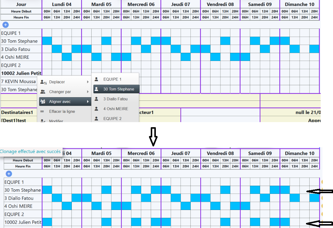 Sélection d’une ligne de référence via Aligner avec et résultat de clonage des quarts