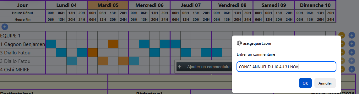 Fenêtre de saisie d’un commentaire de congé.