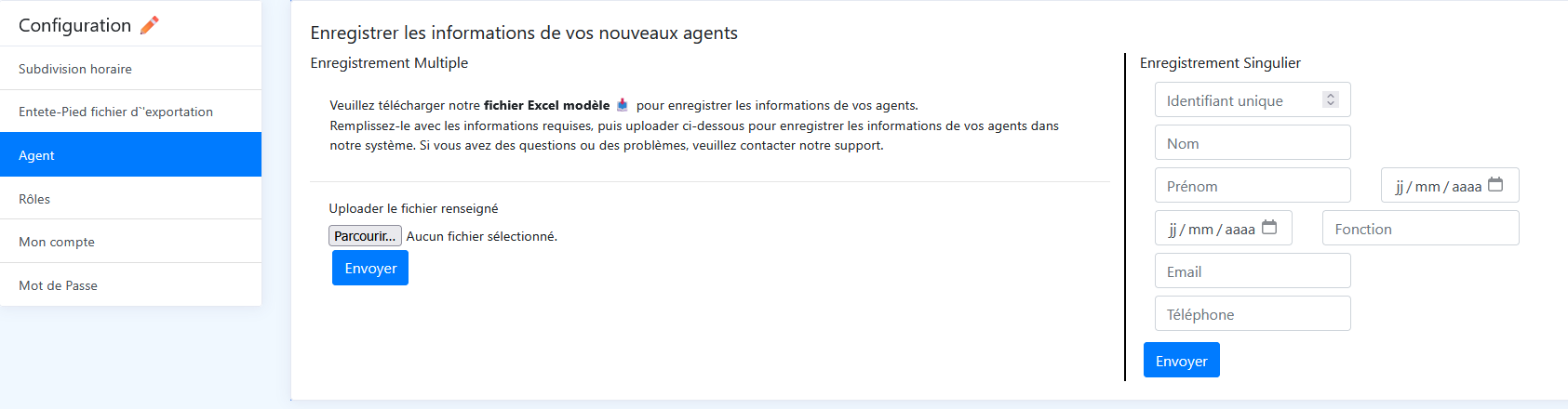 Page Agent : import d’un fichier Excel ou création individuelle d’un agent.