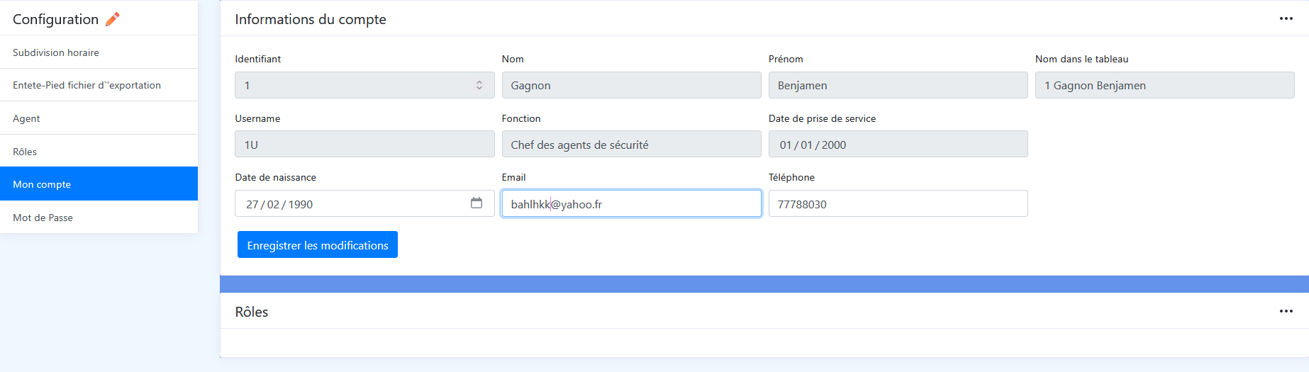 Page « Mon compte » : informations du profil et coordonnées modifiables.