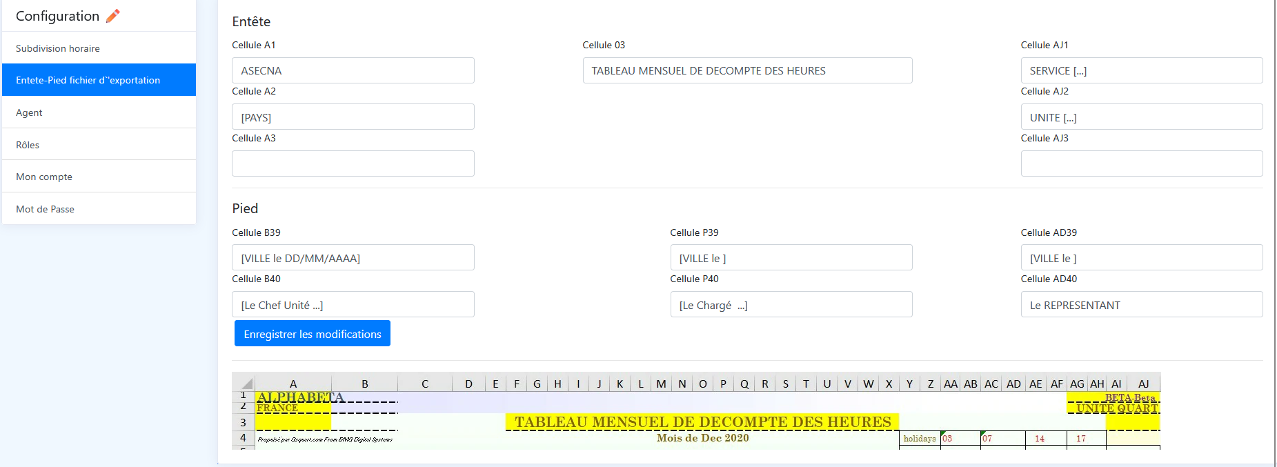 Paramétrage de l’en-tête et du pied du décompte mensuel, avec aperçu du modèle Excel.