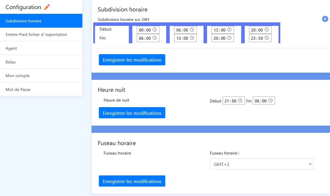 Paramètres de subdivision sur 24 heures, période de nuit et fuseau horaire.