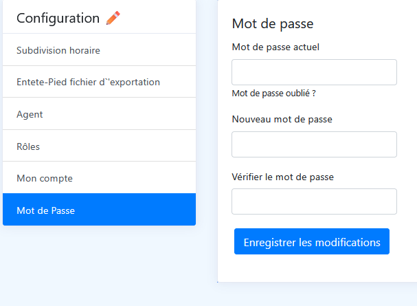 Page « Mot de passe » : ancien mot de passe, nouveau mot de passe et confirmation.