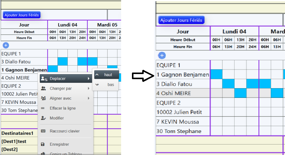 Sous-menu Déplacer haut ou bas et réorganisation de la ligne dans le tableau