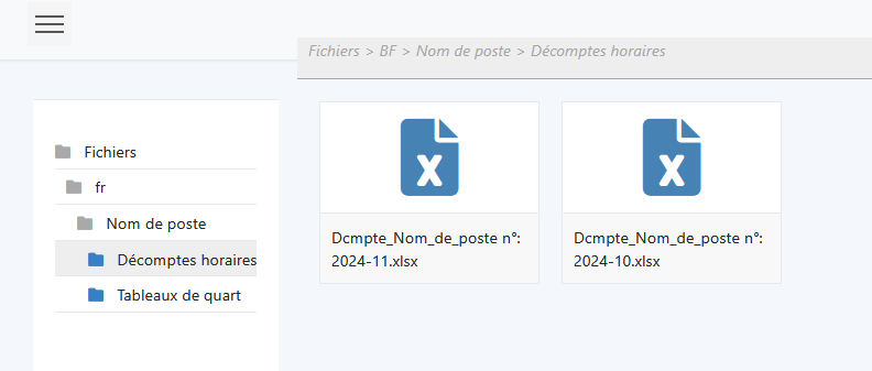 Dossier « Décomptes horaires » : fichiers Excel classés par mois.