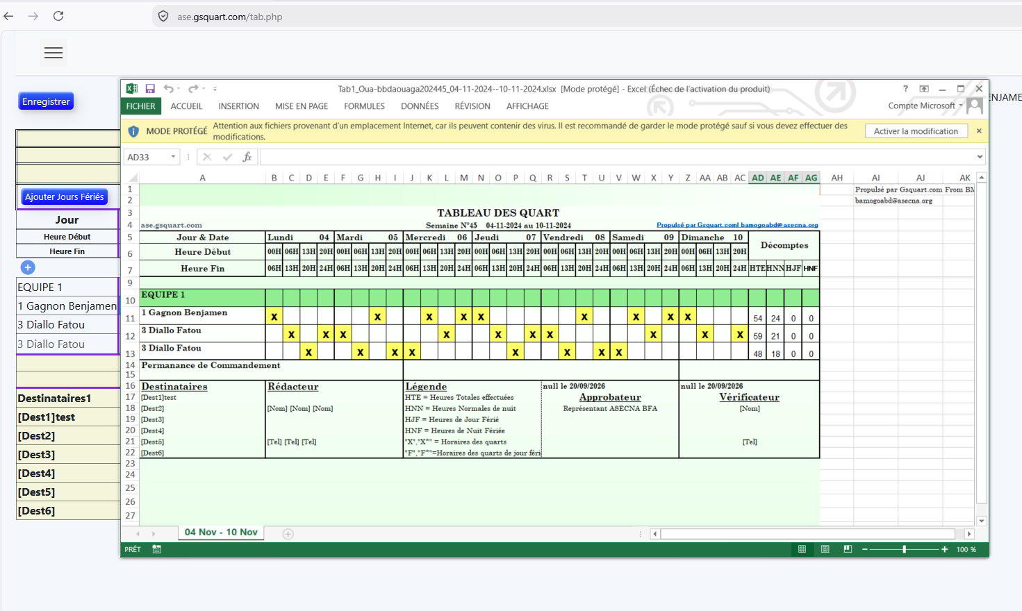 Classeur Excel généré depuis GSQUART, avec horaires, équipes et décomptes.