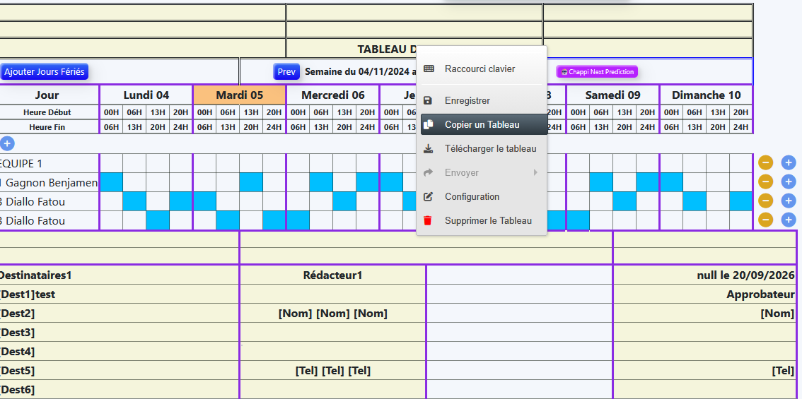 Menu contextuel du tableau : enregistrement, copie, téléchargement et autres actions.