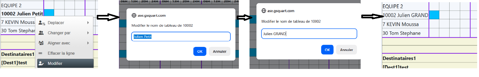 Menu Modifier et dialogue de changement du nom affiché, avant et après