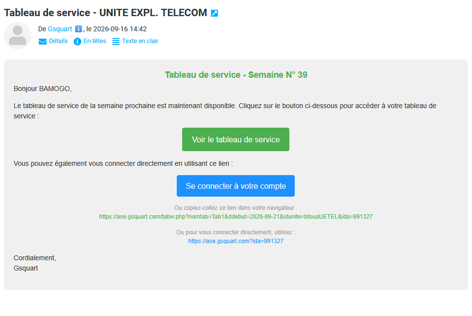Exemple de notification de disponibilité d’un tableau de service.