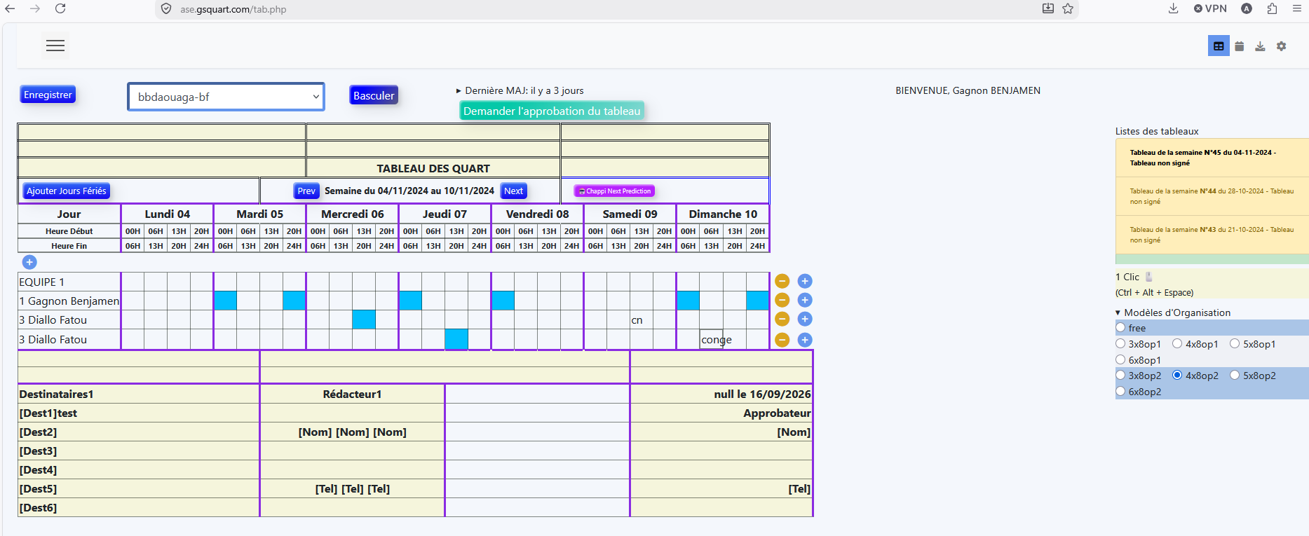Capture réelle du tableau GSQUART montrant la programmation des agents par jour et par plage horaire